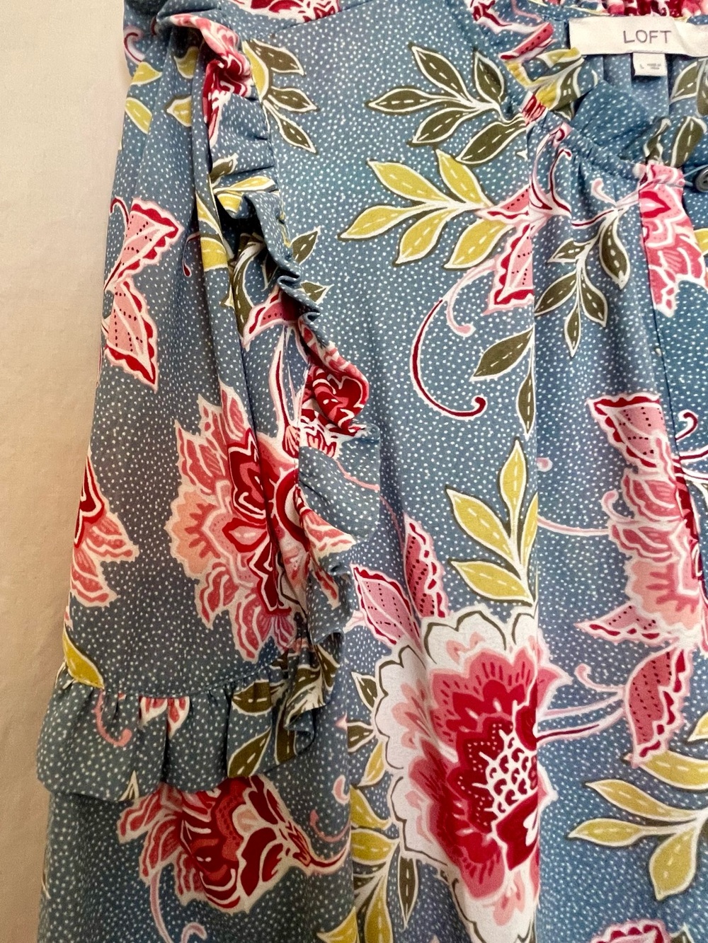 LOFT Blue Floral Ruffle-Neck Blouse - Picture 4 of 8